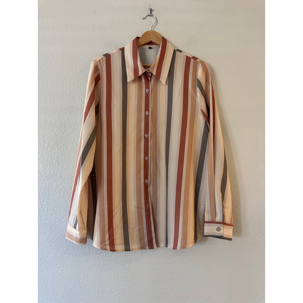 Unbranded Striped Button Up Blouse‎ Long Sleeve Office Shirt Size M Multi Color